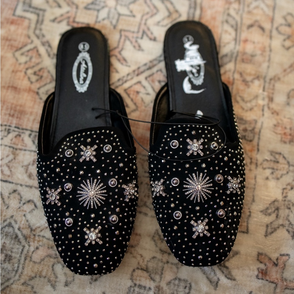 Embellished Black Slip-On Mules